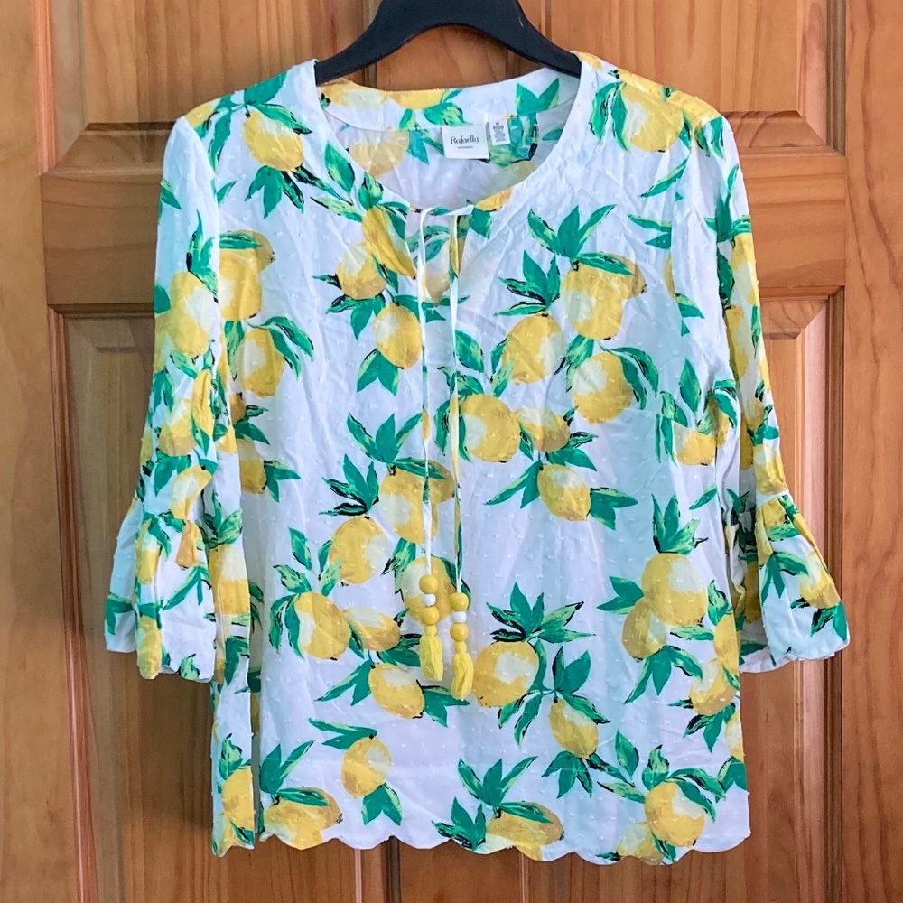 Rafaella women’s size small dotted Swiss white blouse with lemons, feminine top